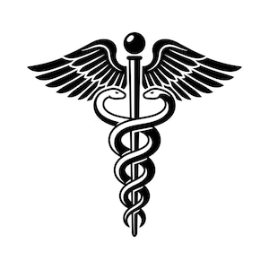 Può includere: Simbolo del Caduceo in bianco e nero, un bastone con due serpenti attorcigliati, sormontato da ali. Questo simbolo medico è spesso usato per rappresentare l'assistenza sanitaria e la medicina.