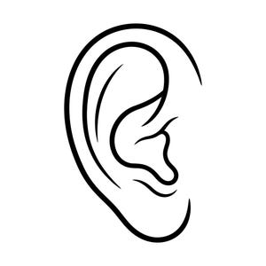 May include: A black and white line drawing of a human ear, showcasing the outer ear's intricate structure. The illustration features bold, thick lines defining the ear's curves and details against a plain white background.