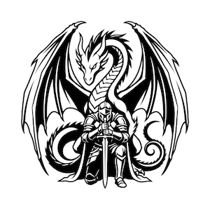 May include: Black and white illustration of a knight kneeling with a sword, backed by a dragon with large wings. The dragon's head is above the knight, and the wings are spread wide. The image is a detailed, stylized design.