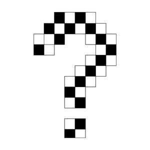 May include: A pixelated question mark in black and white, composed of small squares. The design is a simple, graphic representation of a question mark, set against a plain white background.