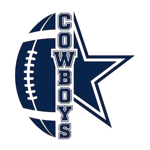 May include: A navy blue and white graphic featuring a football shape with white laces, the word "COWBOYS" in a vertical font, and a five-pointed star. The design is set against a white background.