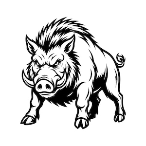 Puede incluir: Ilustración en blanco y negro de un jabalí en posición de ataque. El jabalí tiene colmillos afilados, una melena erizada y una expresión intensa. La imagen es un diseño gráfico audaz, adecuado para diversas aplicaciones.