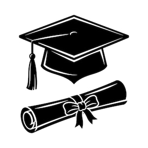 May include: Black and white illustration of a graduation cap with a tassel and a rolled diploma tied with a bow. The cap is square with a button on top. The diploma is rolled and tied with a bow.