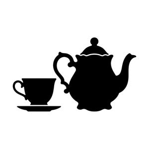 May include: A black silhouette of a teapot with a curved handle and spout, and a matching teacup and saucer. The teapot has a decorative lid with a small knob. The teacup is on a small saucer, and both are in profile.