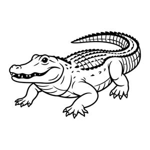 Puede incluir: Ilustración en blanco y negro de un caimán. El caimán se representa de perfil, con la boca ligeramente abierta, revelando dientes. La imagen es un dibujo lineal, con detalles como escamas y garras.