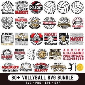 Puede incluir: Un conjunto de más de 30 diseños SVG con temática de voleibol. Los diseños incluyen balones de voleibol, nombres de equipos y mascotas en varios estilos. La paleta de colores incluye negro, blanco, rojo y dorado. El texto incluye "Voleibol", "Mascota" y números.