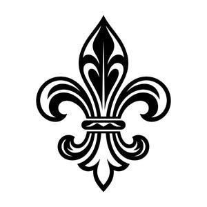 Puede incluir: Un diseño de flor de lis en blanco y negro. El emblema simétrico presenta un lirio estilizado con tres pétalos, una banda horizontal y acentos curvos. El diseño es un símbolo heráldico clásico.