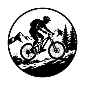 May include: Black and white silhouette of a mountain biker riding through a mountain landscape. The biker is wearing a helmet and backpack, navigating a trail with trees and mountains in the background, all within a circular frame.