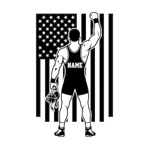 May include: Black and white illustration of a wrestler in a singlet with the word "NAME" on the front, holding a headgear. The wrestler stands in front of an American flag with one arm raised in a fist.