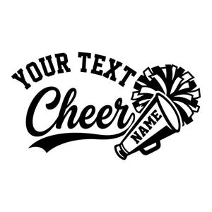 Könnte beinhalten: Schwarz-weißes Grafikdesign mit dem Wort "Cheer" in Schreibschrift, darüber "YOUR TEXT". Eine Megaphon mit "NAME" und ein Pompon befinden sich auf der rechten Seite. Cheerleading-Thema.