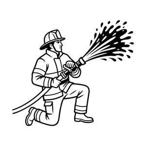 Könnte beinhalten: Schwarz-Weiß-Illustration eines knienden Feuerwehrmanns, der einen Wasserschlauch benutzt. Der Feuerwehrmann trägt Uniform und Helm, während Wasser aus dem Schlauch spritzt.