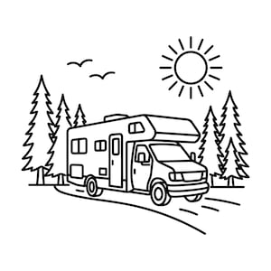Könnte beinhalten: Schwarz-Weiß-Illustration eines Wohnmobils auf einer Straße, umgeben von Bäumen, Vögeln und einer Sonne. Das Bild suggeriert Reisen und Outdoor-Aktivitäten. Der Stil ist einfach und grafisch.