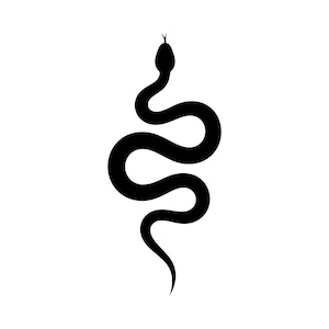 Op de afbeelding: Een zwart slangsilhouet tegen een witte achtergrond. De slang is afgebeeld in een gestileerde, gebogen pose, met zijn kop omhoog en een kleine gespleten tong zichtbaar. Het ontwerp is eenvoudig en grafisch.
