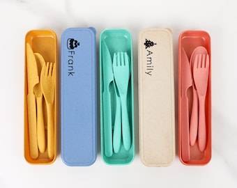 Juego de cubiertos de paja de trigo personalizados con caja personalizada para regalo de cumpleaños: utensilios de viaje ecológicos, ideal para almuerzos y picnics.