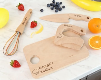 Regalo para mamá, regalo de cumpleaños para niños, cuchillo de madera para niños, utensilios educativos para niños, juguetes Waldorf, juego de cocina para niños, juego de tabla de cortar