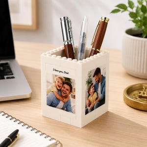 Vaderdagcadeau aangepaste fotobaksteen potloodhouder, gepersonaliseerde bureau-organizer, pennenbeker in LEGO-stijl, cadeau van kinderen, verjaardagscadeau