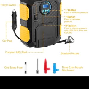 Puede incluir: Un compresor de aire port&aacute;til negro y amarillo con pantalla LCD retroiluminada, interruptor de encendido y luz LED. Incluye un enchufe para coche, una boquilla est&aacute;ndar, un fusible de repuesto y tres boquillas adicionales en ABS.