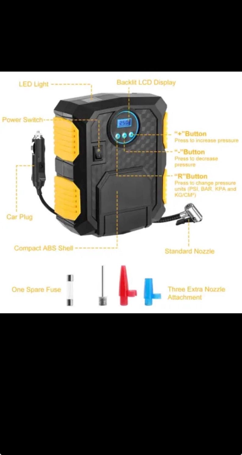Puede incluir: Un compresor de aire port&aacute;til negro y amarillo con pantalla LCD retroiluminada, interruptor de encendido y luz LED. Incluye un enchufe para coche, una boquilla est&aacute;ndar, un fusible de repuesto y tres boquillas adicionales en ABS.