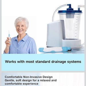 May include: A medical drainage system in blue and white. The image includes the text "Wide Compatibility" and "Works with most standard drainage systems". A woman is holding a medical tool.
