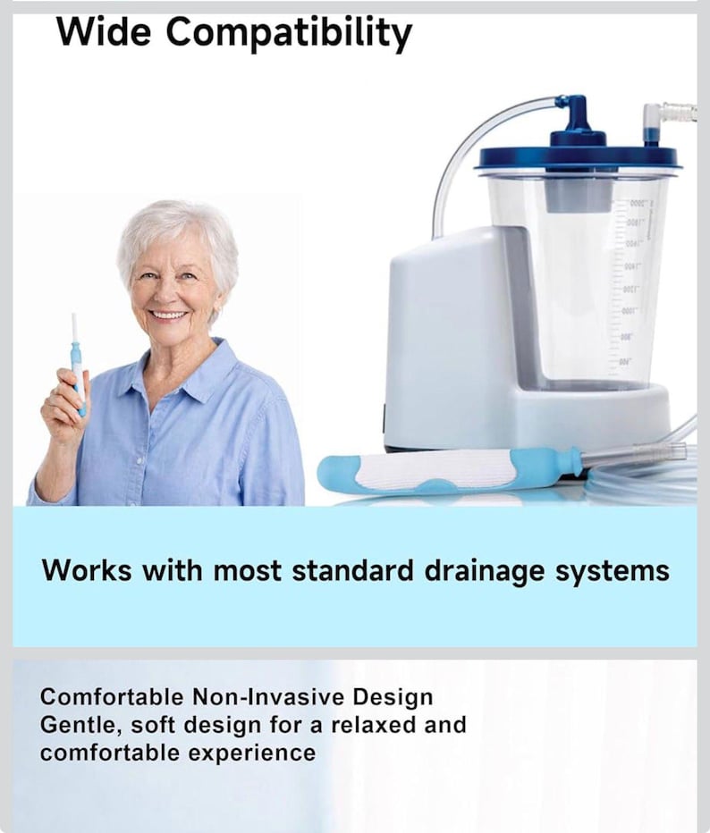 May include: A medical drainage system in blue and white. The image includes the text "Wide Compatibility" and "Works with most standard drainage systems". A woman is holding a medical tool.