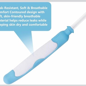 May include: A white and blue medical device. The text reads "Leak-Resistant, Soft & Breathable Comfort Contoured design with soft, skin-friendly breathable material helps reduce leaks while keeping skin dry and comfortable".