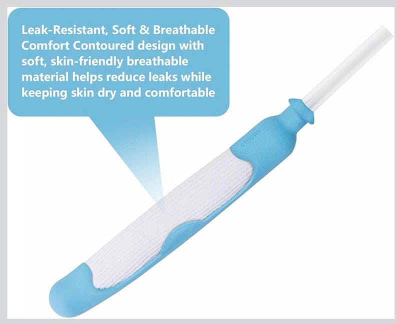 May include: A white and blue medical device. The text reads "Leak-Resistant, Soft & Breathable Comfort Contoured design with soft, skin-friendly breathable material helps reduce leaks while keeping skin dry and comfortable".