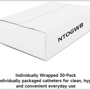 May include: A white rectangular box with the text "NTOGWB" printed on the side. The box is labeled "Individually Wrapped 30-Pack" and describes 30 individually packaged catheters for clean, hygienic, and convenient everyday use.
