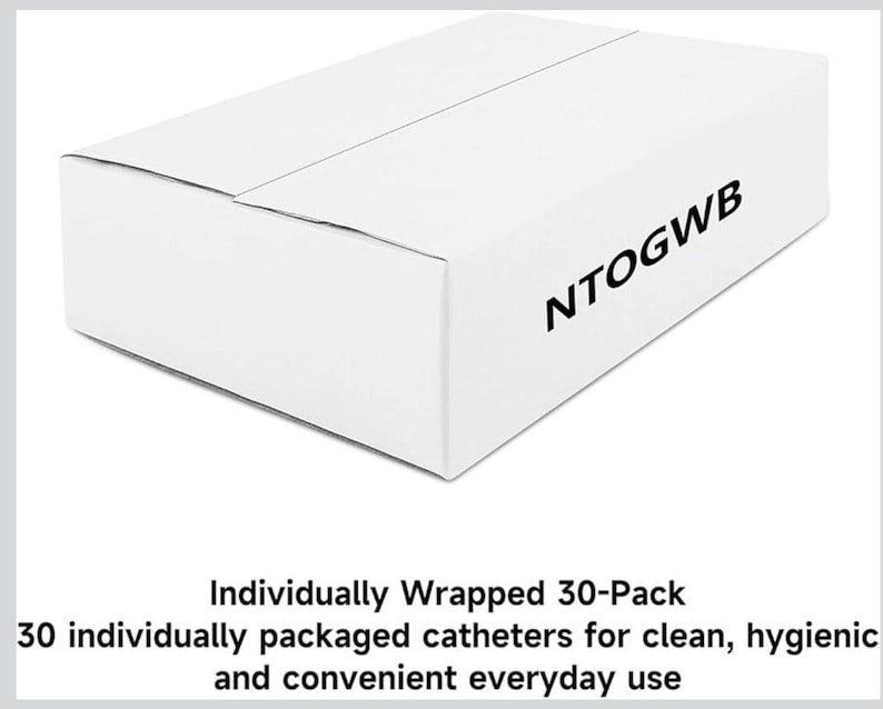 May include: A white rectangular box with the text "NTOGWB" printed on the side. The box is labeled "Individually Wrapped 30-Pack" and describes 30 individually packaged catheters for clean, hygienic, and convenient everyday use.