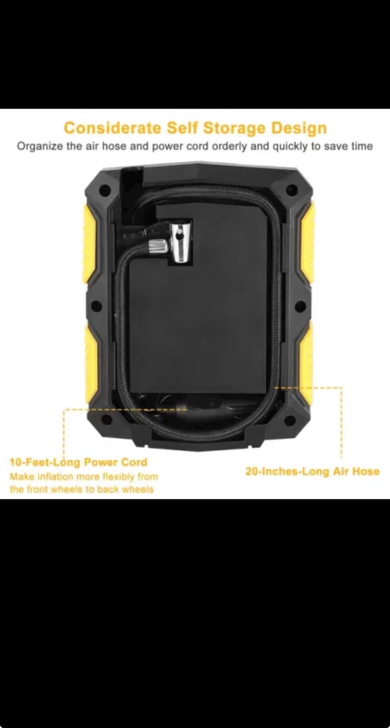 Puede incluir: Un compresor de aire port&aacute;til negro y amarillo con un dise&ntilde;o de almacenamiento integrado para la manguera y el cable de alimentaci&oacute;n. La unidad incluye un cable de 3,05 metros y una manguera de aire de 50,8 cent&iacute;metros para los neum&aacute;ticos.