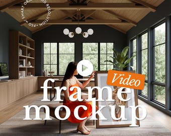 Home Office Framed Art Video Mockup With Woman: Square and Vertical formats (PSD Template)