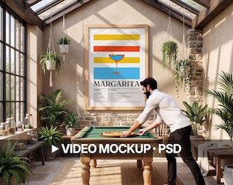 Video Wall Art Mockup w/ Person in Game Room | PSD with Smart Object