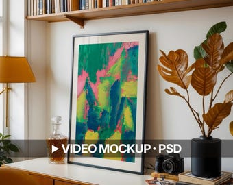 ウォールアートビデオモックアップ：現代的なリビングルームのインテリア（PSDテンプレート）