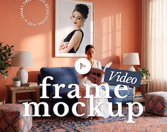 Video Wall Art Mockup with a Woman: Mid-Century Living Room, 10-Seconds (PSD Template)