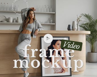 Video Frame Mockup, Woman Standing at Home Bar, PSD Smart Object Template