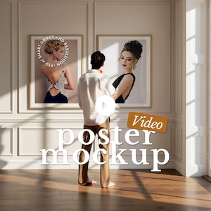 Gallery Wall Video Poster Mockup, Two Large Frames (Diptych) With Person (PSD Smart Object)