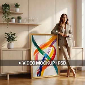 May include: A gold-framed artwork displays an abstract design with colourful brushstrokes in blue, green, yellow, orange, and red. The text "VIDEO MOCKUP • PSD" is visible at the bottom. The artwork is leaning against a cabinet.