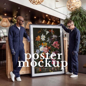 Large Wall Art Mockup With People, Oversized Frame Leaning on Floor (PSD Smart Object)
