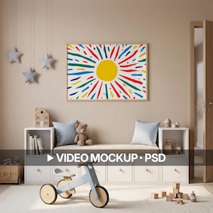 May include: A child's room with a colorful sun art print, a light blue tricycle, and a plush teddy bear. The room has a neutral color palette with white and gray storage units and a soft rug. The text "VIDEO MOCKUP • PSD" is visible.