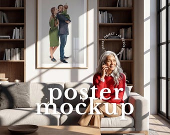 Mockup de pôster para sala de estar rústica | PSD com objeto inteligente em 4K | Proporção DIN A