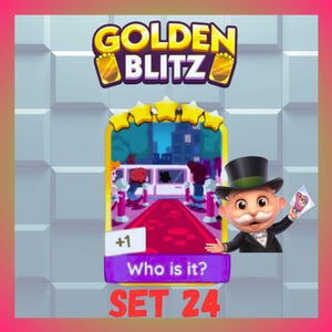 May include: A game card with the text "GOLDEN BLITZ" in gold letters. The card features a red carpet scene with figures, the text "Who is it?", and a cartoon character holding a card. The text "SET 24" is also visible.