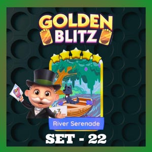 May include: A promotional image for "Golden Blitz" featuring a cartoon character in a top hat holding a card. The image includes a card with a river scene and the text "River Serenade" and "SET - 22". The background is dark green with a pattern.