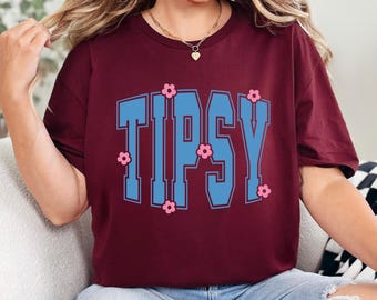 Tipsy Retro Floral Shirt Funny Drinking Girly Summer Party Cute Pink Blue Graphic Tee 475987