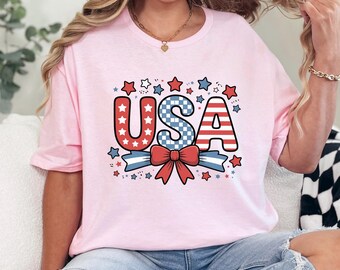 Coquette USA Shirt Cute American Girly Fourth July Patriotic Bow Graphic Tee 476015
