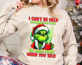 Sudadera con cara de Grinch, divertida sudadera navideña con cuello redondo, diseño gráfico navideño, ropa de invierno 473939