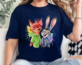 Disney Zootopia Characters Shirt, Nick Wilde Judy Hopps Family Trip Watercolor Tee Top 474171