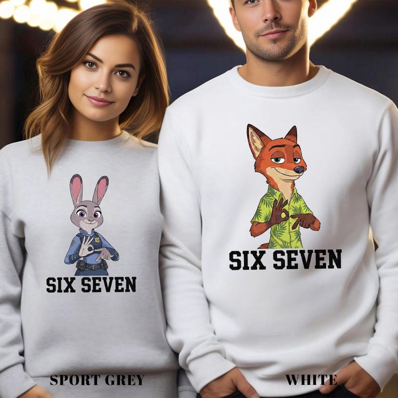 May include: Two sweatshirts, one sport grey and one white, each featuring a cartoon character from Zootopia. The grey sweatshirt has Judy Hopps, and the white one has Nick Wilde. Both have the text "SIX SEVEN" in black.