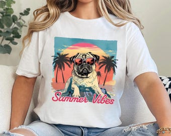 Summer Vibes Pug Beach Shirt Nice Dog Sunset Palm Trees Tropical Vacation Puppy 475951