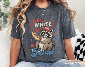 Red White Feral Raccoon Hotdog Shirt Funny USA Fourth July Patriotic Graphic Tee 475847