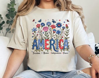 Floral American Flag Shirt Fourth July Women Patriotic Independence Day USA Vintage Tee 475553