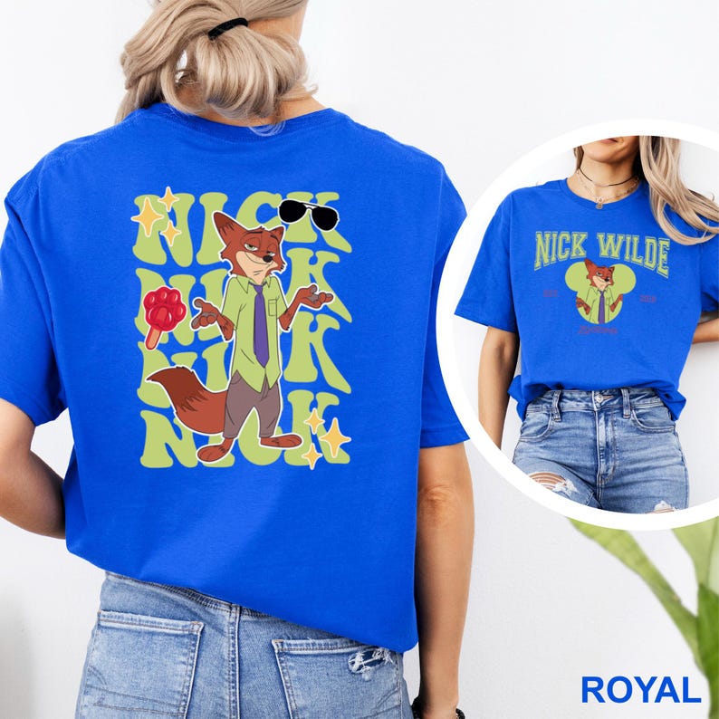 May include: Royal blue t-shirt featuring a cartoon fox character with sunglasses and a popsicle. The back of the shirt has the name "NICK" in a retro font. The front of the shirt has the text "NICK WILDE" above a fox graphic.